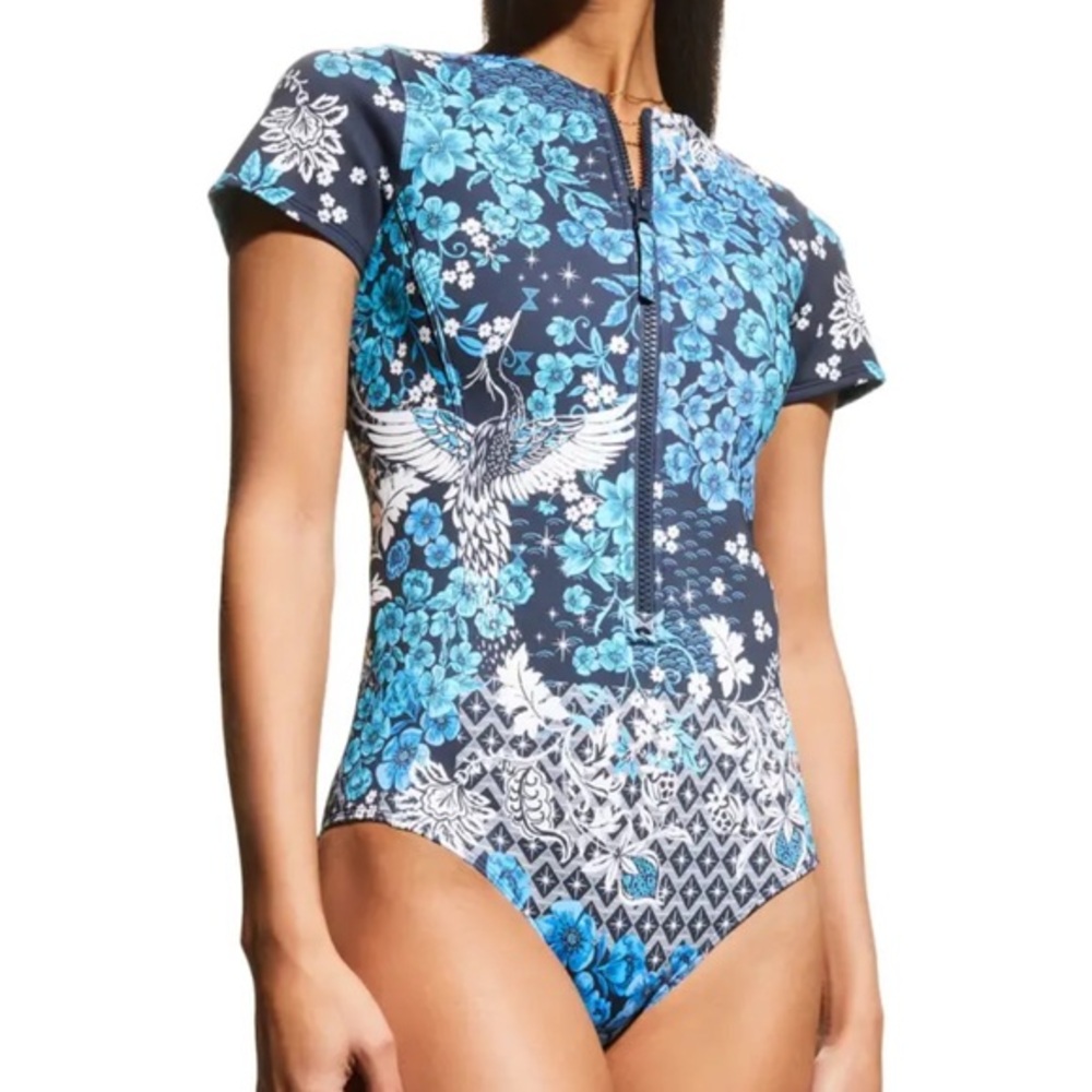 Johnny Was Surf Blue-Fly Neoprene Zip-Up One-Piece Swimsuit Sz - XL nwt‎